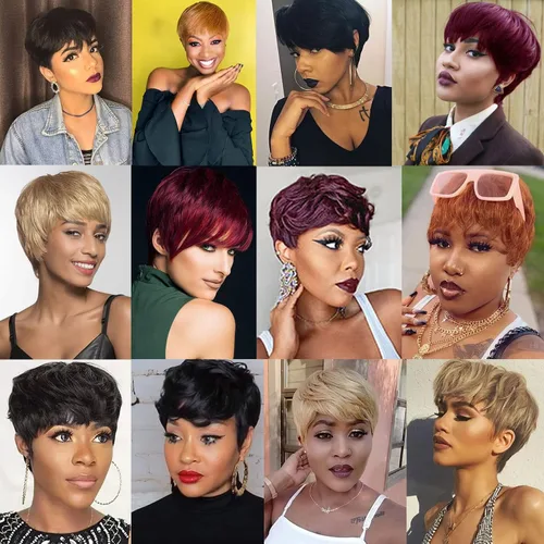 Vista 6 de Pelucas de cabello humano con corte Pixie para mujeres negras, 100% cabello humano, pelucas cortas Pixie para uso diario en fiestas (1B)