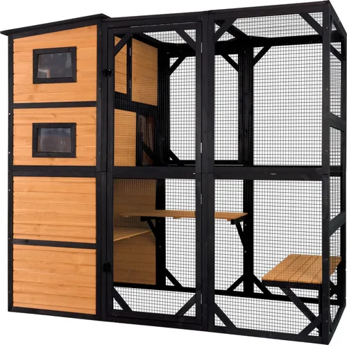 Vista 10 de Gran recinto de madera Catio para gatos al aire libre, condominio para gatos con 7 plataformas de escalada, 2 casas de siestas, panel de ventana