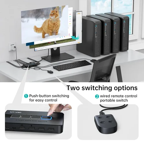 Vista 4 de MT-VIKI Conmutador KVM HDMI 4 Puertos Cajas, Consola KVM HDMI USB 4K a 30Hz para 4 PCs Comparte 1 Monitor HD y Teclado Ratón, Botón + Conmutación
