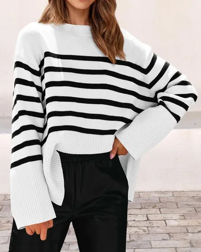 Vista 7 de KIRUNDO Suéteres de otoño de gran tamaño de punto a rayas para mujer, ropa de moda, cuello redondo, suéter de invierno con abertura lateral