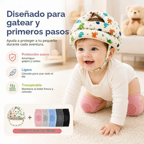 Vista 3 de Juego de protectores de cabeza y rodilleras para bebé, casco de bebé suave y ajustable para gatear, gorra de protección de cabeza infantil con 5