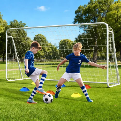 Vista 12 de NAIZEA Porterías de fútbol – 24x8/21x7/18x7/12x6/16x7/10x6/8x6/6x4 pies para patio trasero – Portería de fútbol de metal para jóvenes adultos