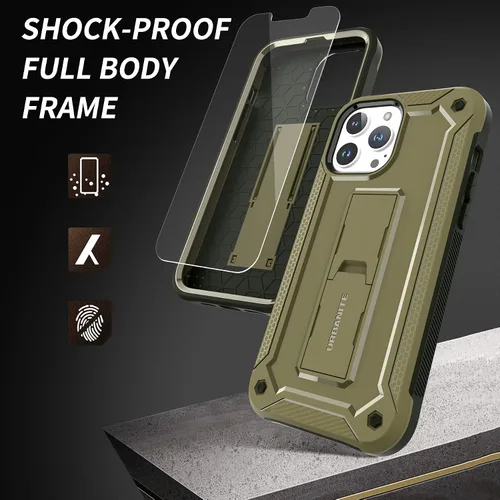 Vista 2 de URBANITE Funda para iPhone 13 Pro Max con protector de pantalla y soporte, funda protectora de doble capa a prueba de golpes, funda resistente