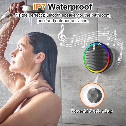 Vista 5 de Altavoz de ducha Bluetooth, altavoz inalámbrico portátil, ventosa, altavoz Bluetooth con luces RGB, sonido HD de 360°, compatible con tarjeta TF
