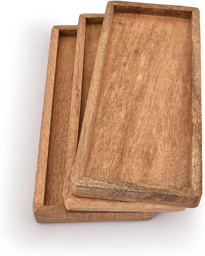 Vista 3 de Samhita Plato de madera de mango con borde elevado, juego de 3 para exhibir aperitivos de frutas, aperitivos, sushi, alimentos decorativos