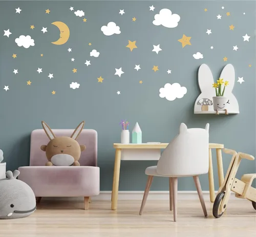 Vista 2 de Calcomanías de pared de luna creciente, estrellas y nubes, calcomanías de pared de luna y estrellas, cielo estrellado, decoración de sala