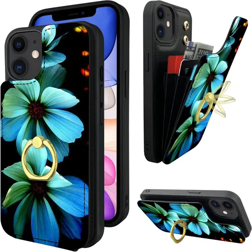 Vista 8 de Funda compatible con iPhone 11 con tarjetero y soporte para tarjetas, soporte de anillo de dedo de rotación de 360º, función atril, protección RFID
