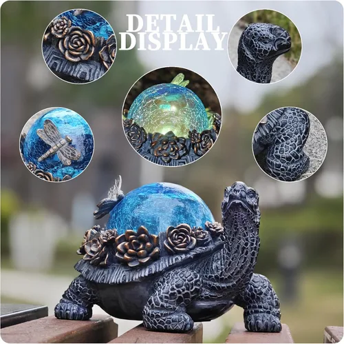 Vista 8 de Estatua de tortuga para exteriores – Figura de animal de resina con luces solares de cristal azul, detalles de suculentas doradas y decoración