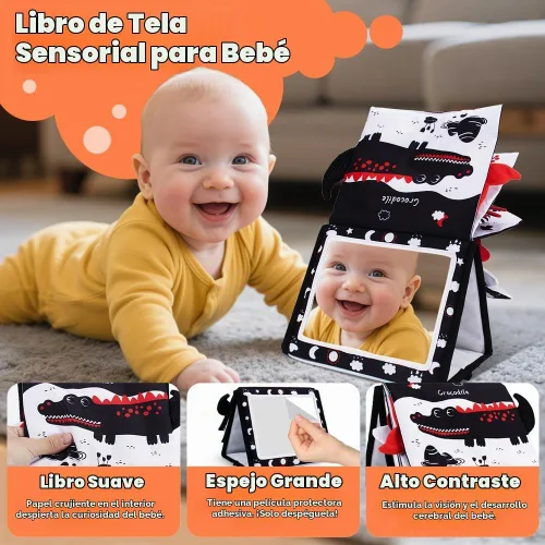 Vista 3 de Espejo de tiempo de barriga con libro para recién nacido, negro y blanco
