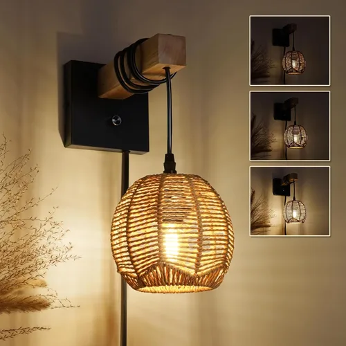 Vista 12 de N12-3 Aplique de pared de ratán bohemio de dos luces, accesorios de tocador para espejo, pantalla tejida en cruz y lámpara de pared cableada