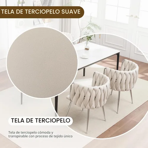 Vista 3 de Juego de 2 Sillas de Comedor de Terciopelo, Sillas Tapizadas para Comedor con Patas de Metal, Sillas de Comedor Modernas 2, Sillas Modernas de Beige