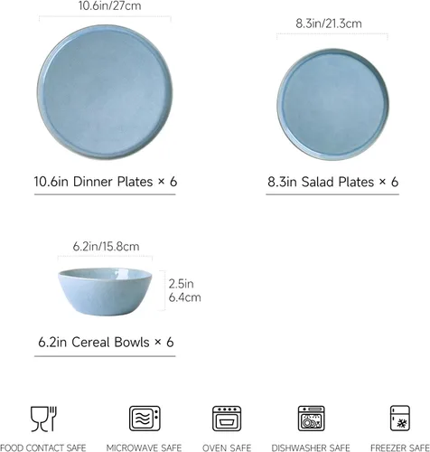 Vista 3 de Farrar 18 Piece Water Ripple Design Stoneware Dinnerware Sets，service For 6, Blue Beige