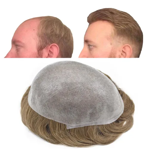 Vista 35 de Tupé de piel ultra fina para hombres pieza de cabello humano real sistema de reemplazo 0.002 in Mens Toupee Hairpiece para hombres V-Loop 8x10 80%