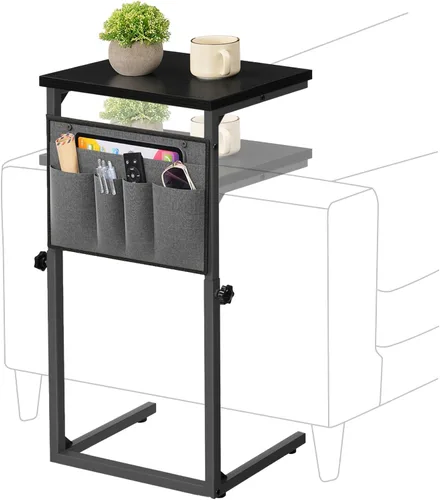 Vista 4 de HOOBRO Mesa auxiliar en forma de C, mesa pequeña en C para sofá, mesa auxiliar de altura ajustable para espacios pequeños, mesa de sofá de 29.5