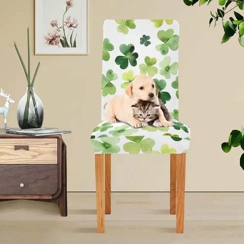 Vista 5 de Juego de 2 fundas elásticas para sillas de comedor con trébol del día de San Patricio, fundas protectoras extraíbles y lavables para comedor