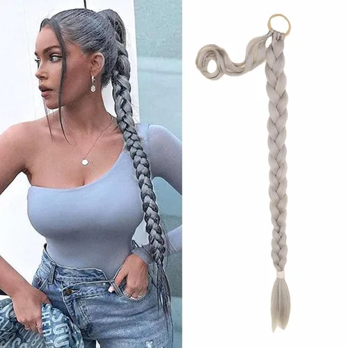 Vista 15 de Extensión de cola de caballo de trenza larga con lazo elástico, 1 unidad, extensiones de cabello sintético lacio y elegante envolvente para mujer