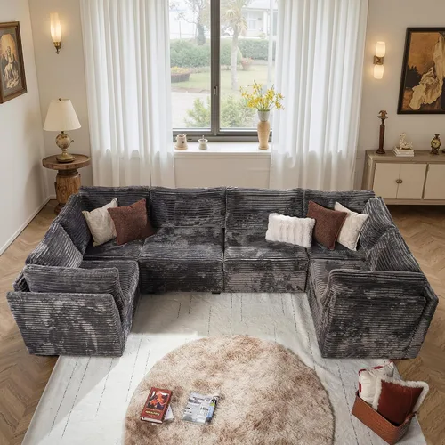 Vista 12 de Ovios - Sofá modular con diván en forma de U y otomanas, cómodo y mullido, tapizado en pana estilo nube, moderno, asiento profundo, juego de sofás
