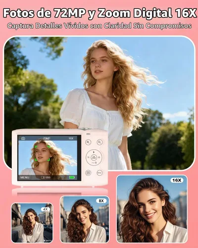 Vista 3 de Cámara digital 5K para fotografía 2 baterías 32GB tarjeta rosa