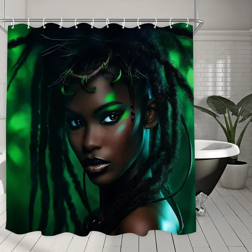 Vista 6 de Cortina de ducha para niñas afroamericanas para baño, juego de cortina de ducha bohemia con hojas verdes, tela de selva, decoración de baño moderna