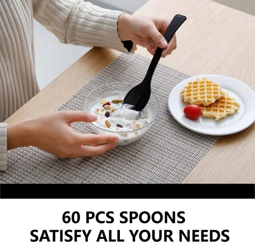 Vista 4 de Paquete de 60 cucharas de plástico negro para servir, juego a granel de 9 pulgadas, cubiertos desechables resistentes, utensilios resistentes al