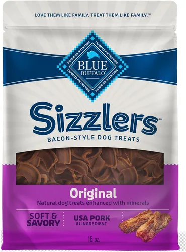 Vista 16 de Blue Buffalo Sizzlers Golosinas para perros estilo tocino con cerdo real de Estados Unidos, sabor cheddar, bolsa de 15 onzas