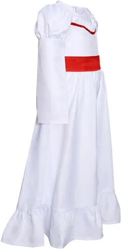 Vista 4 de Occipa Disfraz de Annabelle de la película de terror para adultos y niños, vestido blanco para cosplay de Anna con cintura, peluca de Annabelle