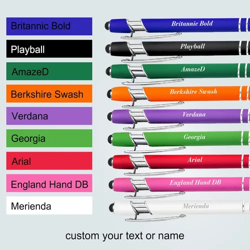 Vista 4 de Bolígrafos personalizados con nombre a granel, juego de bolígrafos personalizados, lápiz capacitivo grabado, logotipo, texto, regalo para negocios
