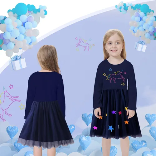 Vista 7 de VASCHY Dress for Girls, Cute Girls Casual Autumn Spring Long-Sleeve Outfit,ToddlerLittleBig Kid Girls Clothing Size 3-10T