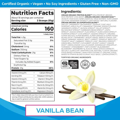Vista 3 de Orgain Proteína orgánica vegana y orgánica + superalimentos en polvo, sabores de vainilla, proteína a base de plantas, sin gluten