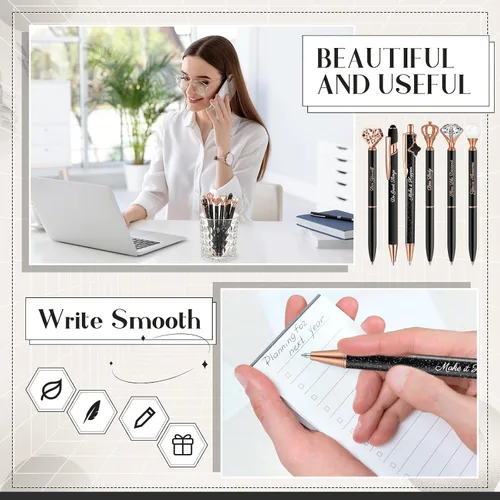 Vista 5 de Qeeenar 6 bolígrafos elegantes para mujer, bolígrafo de diamantes de cristal para diario, bonito bolígrafo con purpurina con caja, regalos Negro