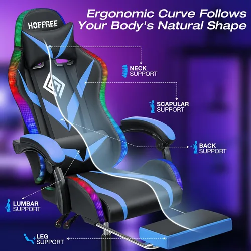 Vista 9 de HOFFREE - Silla para juegos con luces LED RGB estilo carreras, color azul azul+negro