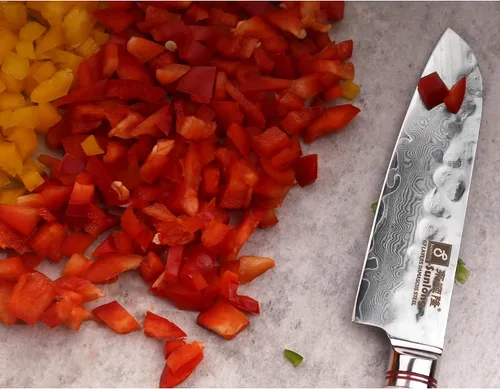 Vista 3 de SUNLONG Santoku - Cuchillos de 5 pulgadas con mango de cuernos naturales de Damasco martillado japonés