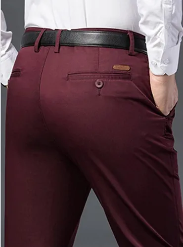 Vista 6 de Banana Bucket Pantalones de vestir ajustados para hombre, pantalones chinos elásticos de color caqui, pantalones casuales planos con bolsillos