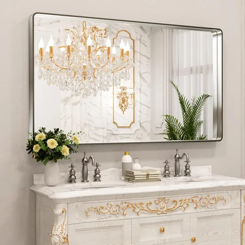 Vista 63 de LOAAO 20x16 Pulgadas Espejo de Baño con Marco de Metal Negro para Pared, Espejo de Tocador de Baño de Estilo Granja, Espejo Grande Rectangular