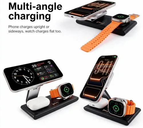 Vista 8 de MONASAY 25W 3-in-1 Wireless Charging Station for Apple with Smart Screen TURBO Indicator,25W Fast Charging,Foldable Magnetic Design,45W PD Black