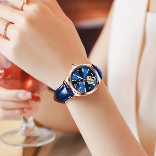 Vista 2 de OLEVS Reloj mecánico automático para mujer, correa de cuero, cuerda automática, reloj de pulsera para mujer, esfera de corazón de diamante