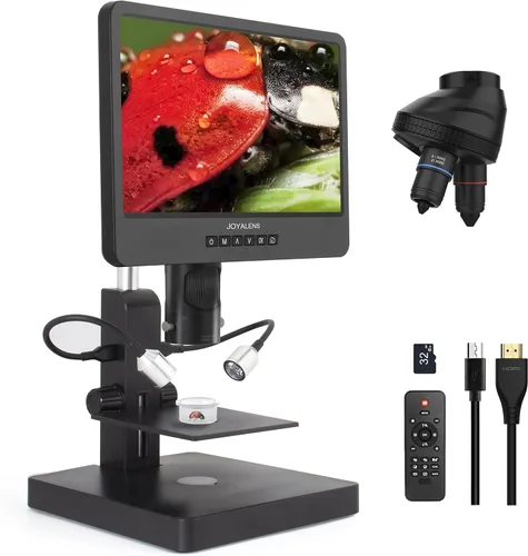 Vista 10 de JL246PS Microscopio digital HDMI de 3 lentes de 7 pulgadas 4000X, microscopio biológico para adultos y niños con diapositivas preparadas, video UHD