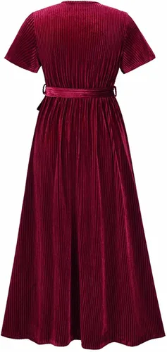 Vista 9 de Vestido de fiesta de terciopelo acanalado para mujer, cuello en V, manga corta, lazo en la cintura, fiesta de noche, longitud al suelo, vestido