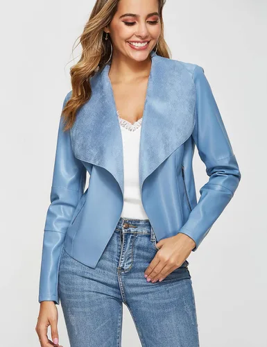 Vista 2 de Escalier Chaquetas de piel sintética para mujer, chaquetas delgadas con solapa frontal abierta