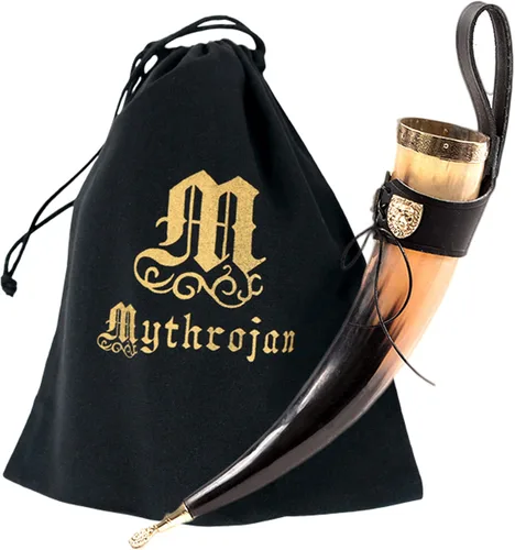 Vista 9 de Mythrojan Cuerno vikingo para beber 100% natural, auténtico, decoración de latón, cuerno nórdico con funda de cuero negro, bolsa de lona para vino