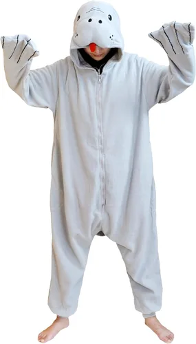 Vista 3 de Pijama unisex de una pieza de manatí para adultos, disfraz de animal de felpa para Halloween, Navidad, para mujeres y hombres
