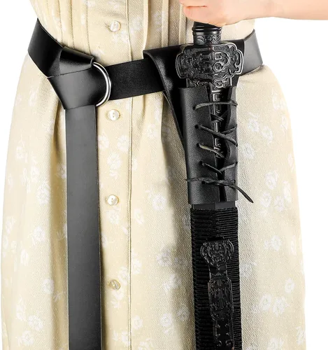 Vista 2 de Cinturón de cuero medieval para espada, daga de rana, cinturón renacentista para caballero, guerrero, pirata, cosplay Negro