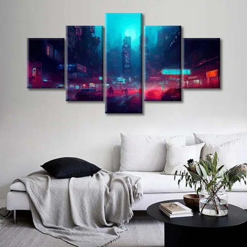 Vista 93 de Cuadros de 5 paneles de Cyberpunk City, arte de pared, representación de vallas publicitarias, edificios modernos en la capital con obras de arte