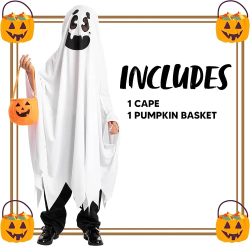Vista 4 de Spooktacular Creations Disfraz de fantasma para niños con cesta de calabaza, disfraz de Halloween aterrador para niños, disfraz de fantasma