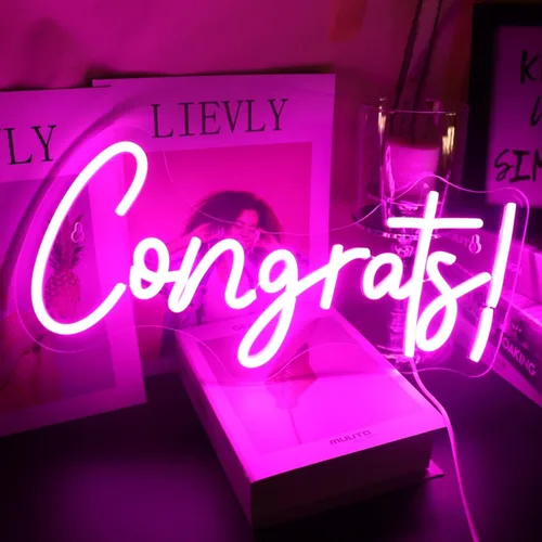 Vista 12 de Class of 2026 - Letrero de neón con texto en inglés "Congrats Grad" LED regulable USB Felicidades Graduación Cap Light Decoración de pared para sala