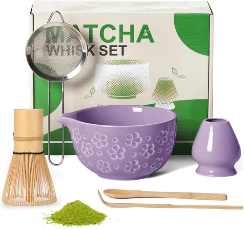Vista 10 de Juego de té de batidor matcha: kit de matcha japonés – Cuenco de cerámica de bambú con soporte para cuchara medidora, cuchara medidora, práctica