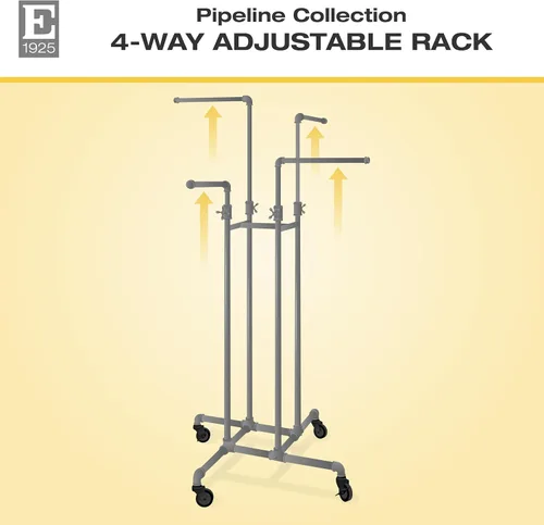 Vista 2 de Econoco Pipeline - Perchero de 4 vías, color antracita, ajustable de 48 a 72 pulgadas de alto Rolling 4-arm pipeline clothing rack in Anthracite