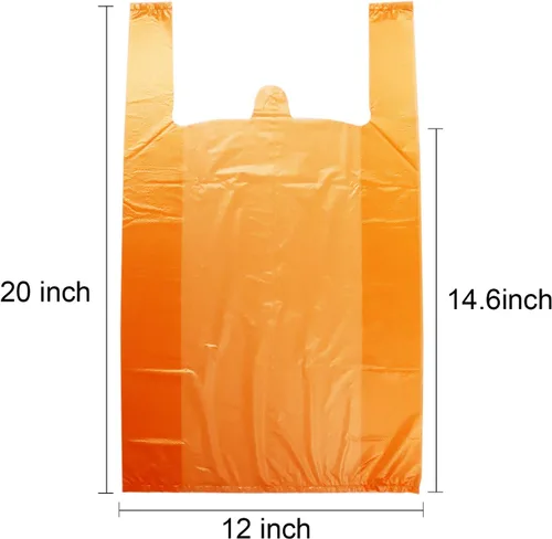 Vista 2 de LazyMe Bolsas de plástico para camisetas con asas a granel para compras y restaurantes, 12 x 20 pulgadas (naranja, 100 unidades) Plastic Grocery
