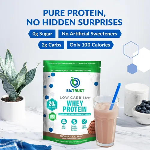 Vista 4 de BioTrust Low Carb Lite Proteína en Polvo - Aislado de Suero, Helado de Chocolate 20g grass-fed whey isolate protein, 100 calories & ProHydrolase