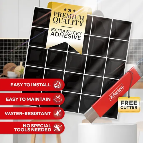Vista 2 de XFasten Despegar y pegar protector contra salpicaduras negro para cocina, 10 unidades de 12 x 12 pulgadas, impermeables, autoadhesivas 3D, azulejos